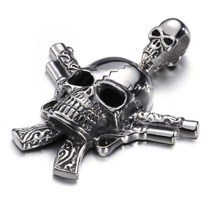 Men's Stainless Steel Skull Pendant Necklace Double Guns Gothic Punk Hip Hop Jewelry Biker Rock Accessory