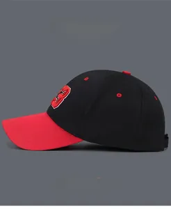 Detail view of contrast baseball cap with 3D embroidery and breathable cotton texture