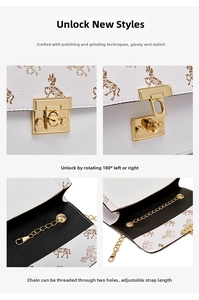 Detail of printed crossbody bag with golden twist lock and adjustable chain strap