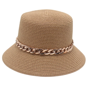Fashion Straw Bucket Hat For Women With Metal Chain Decorative Summer Beach Sun Protection Foldable Breathable Travel