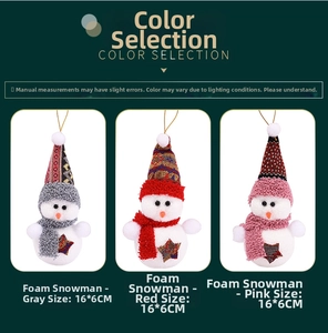 Detail view of foam snowman ornaments in grey, red and pink with knit hats and stars