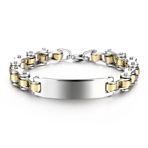 Men Stainless Steel Bracelet Bicycle Chain Link Rectangular Polished Plate Biker Punk Industrial Silver Gold Tone