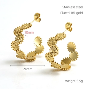 Detail view of 18k gold plated stainless steel earrings with 24mm size specifications