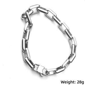 Mens thick stainless steel cuban chain bracelet with geometric rectangular link design