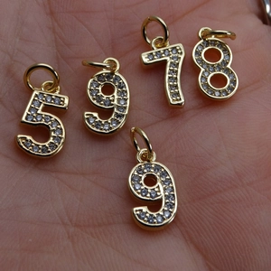 Handheld 14K gold-plated Arabic numeral pendants with zircon stones for DIY jewelry making