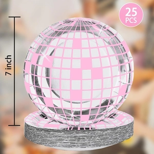Pink and silver disco ball party paper plates, 7 inch size, 25 pieces set for celebrations