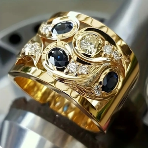 Bague Large Ajourée En Cuivre Et Zircone Pierres Colorées Style Luxe Rétro Bijoux Pour Femmes