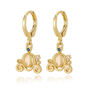 Fashionable golden pumpkin carriage earrings with white and blue zircon inlay for women