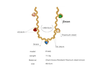 Detailed view of colorful zircon heart necklace dimensions and titanium steel material specs