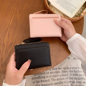 Litchi pattern leather short wallet for women with zipper and wristlet strap