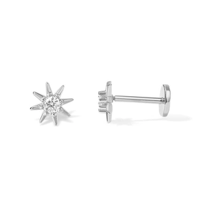 Macro detail of S925 silver star cartilage stud with cubic zirconia and flat screw back