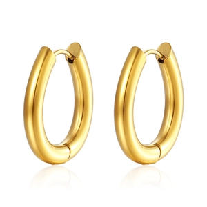 Polished 18K gold plated oval hoop earrings with clear reflection on a white background