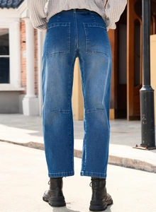 Rear view of blue washed high-waist straight jeans featuring two square back pockets