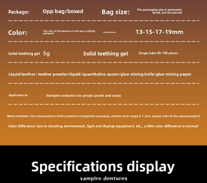 Detailed size chart for vampire dentures featuring 13mm to 19mm options with adhesive kit