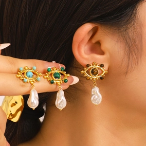 Evil Eye Drop Earrings 18K Gold Plated Stainless Steel Artificial Baroque Pearl Turquoise Vintage Hypoallergenic Jewelry For Women