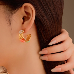 Golden C-shaped textured earrings with colorful pearl flower cluster for women