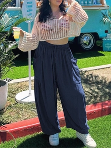 Deep blue high-waisted cotton linen wide leg pants with elastic drawstring waist and side pockets