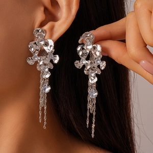 Silver flower tassel earrings with zircons and long metallic chains for women