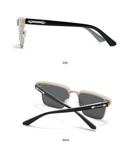 Side and back views of beige square sunglasses with grey lenses and metal arrow detail