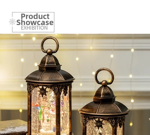 Close-up of vintage bronze Christmas lantern with snowman and LED lighting decoration