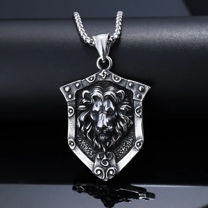 Punk style lion head shield pendant necklace in antique silver stainless steel