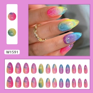 Rainbow cat eye almond press-on nails with 24pcs colorful gradient glitter finish