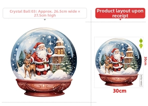 Detail view of Santa and reindeer crystal ball wall decal with dimensions 26.5x27.5cm