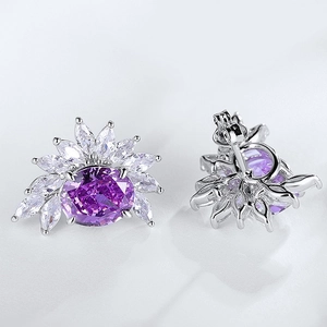 Elegant 925 silver flower stud earrings with purple oval stone and white zircon stones