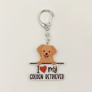 Close-up of acrylic Golden Retriever keychain with I Love My Dog text and swivel clasp