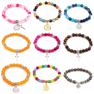 Natural Tiger Eye Stone Agate Beaded Bracelet Elastic Yoga Meditation Healing Jewelry With Lotus Cross Om Tree Pendant For Men Women