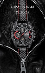 Racing style watch on leather jacket showing carbon fiber texture and big dial