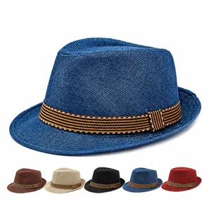 Navy blue woven fedora hat with striped band and multiple color options for summer