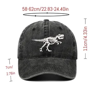 Size guide for dinosaur embroidered cap showing circumference and brim length details