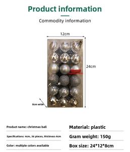 Detailed specs showing a set of 36 silver 4cm Christmas balls with multiple textures