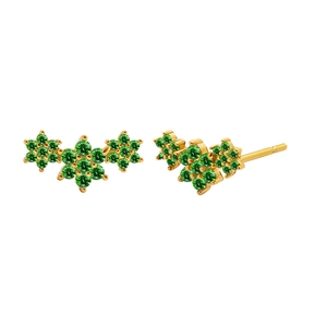 Close-up of gold stud earrings featuring vibrant green zircons in a floral wing design