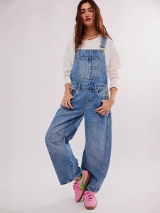 Salopette En Jean Femmes Vintage Délavé Ample Jambe Droite Combinaison Décontracté Streetwear Coton Pantalon