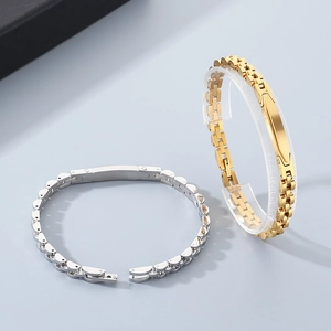 Minimalist stainless steel ID bar bracelet in gold and silver metal watchband style