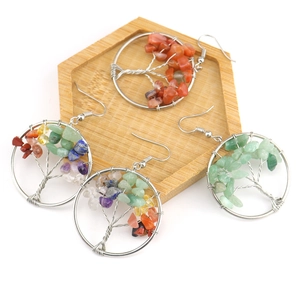 Handmade silver wire tree of life earrings with natural colorful crystal stones