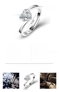 Detailed diagram of adjustable heart ring with silver plating and white cubic zirconia
