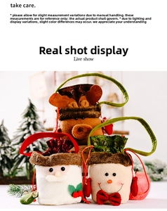 Close-up of plush Santa and reindeer Christmas gift bags with soft faux fur trim