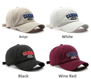 Detailed grid view of cotton baseball caps with 3D embroidery in four classic colors