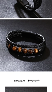 Detail of multi-layer woven leather bracelet featuring tiger eye beads and magnetic clasp