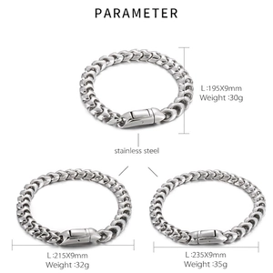 Specifications of men's stainless steel chain bracelet showing sizes 195mm to 235mm