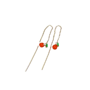 Elegant gold cherry drop earrings with red fruit, green leaves and zircon stones