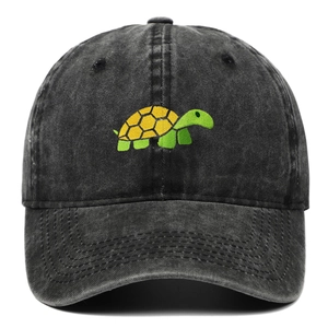 Vintage washed cotton baseball cap in dark grey with a cute green turtle embroidery