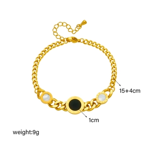 Gold titanium steel link chain bracelet with Roman numeral shell pendants, 15+4cm