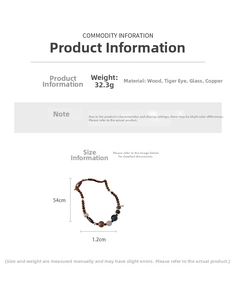 Detailed specs of ethnic tiger eye stone necklace with wood beads and size measurements