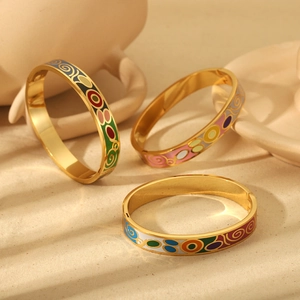 Ethnic enamel titanium steel open bangles with colorful patterns and gold-polished finish