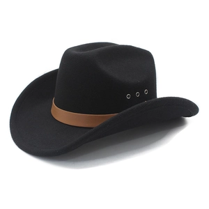 Classic black wool felt western cowboy hat with brown leather band and wide brim