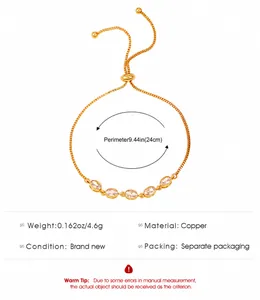 Detail of adjustable gold bracelet with oval zircon stones and size specifications